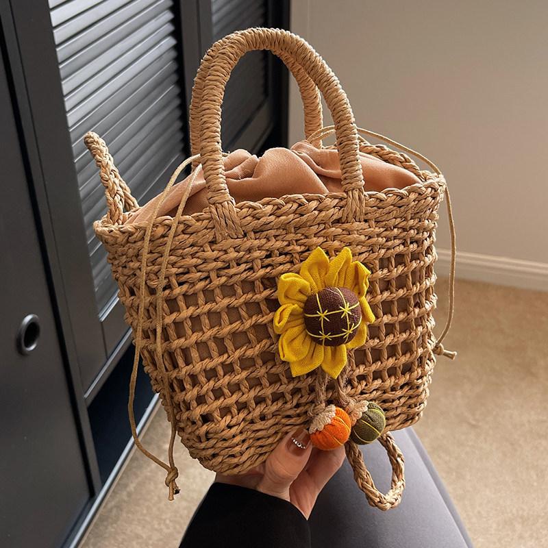 Women Straw Woven Handbag Daisy Flower Lace Bow Summer Beach Bag Small Tote Crossbody Boho Style Shoulder Bag