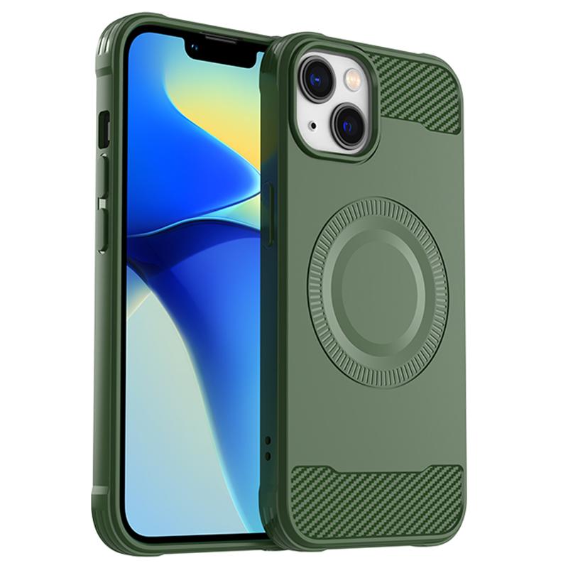 

For iPhone 13 Case Carbon Fiber Texture TPU Phone Case Compatible with MagSafe Green