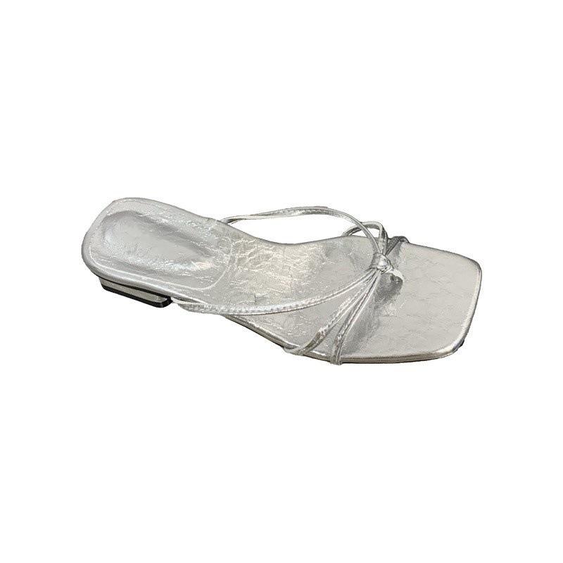 Square head silver niche one-word drag women's summer outer wear temperament simple toe low heel cool slippers