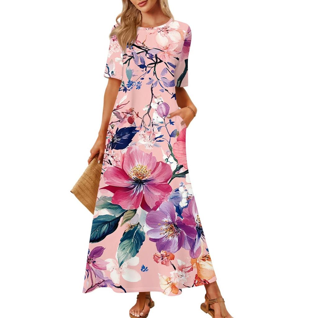 Dames Modieuze En Casual Lange Strandrok Ronde Hals Korte Mouwen Losse Retro Print Jurk
