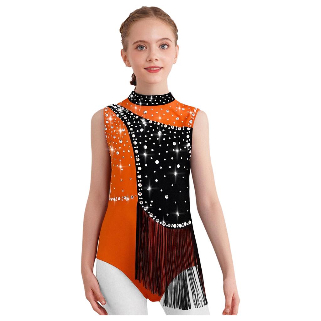 Girls Color Block Gymnastics Leotard with Mock Neck & Keyhole Back, Shiny Rhinestones & Tassels for Dance & Figure Skating
