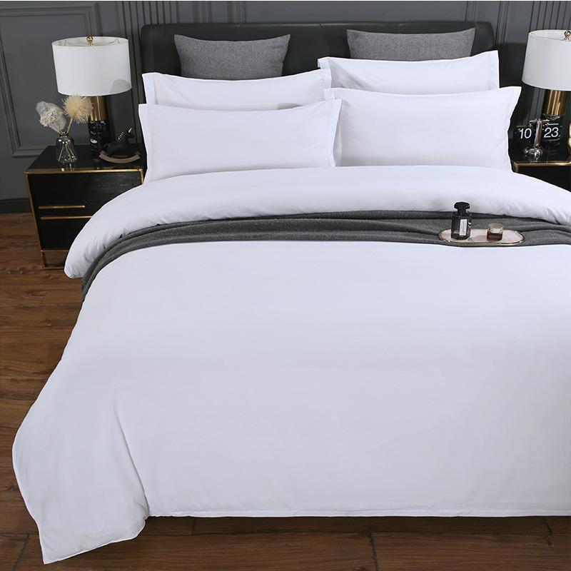 Washed Cotton 4-Piece White Bedding Set for Hotels and Guesthouses, Fitted Sheet Style