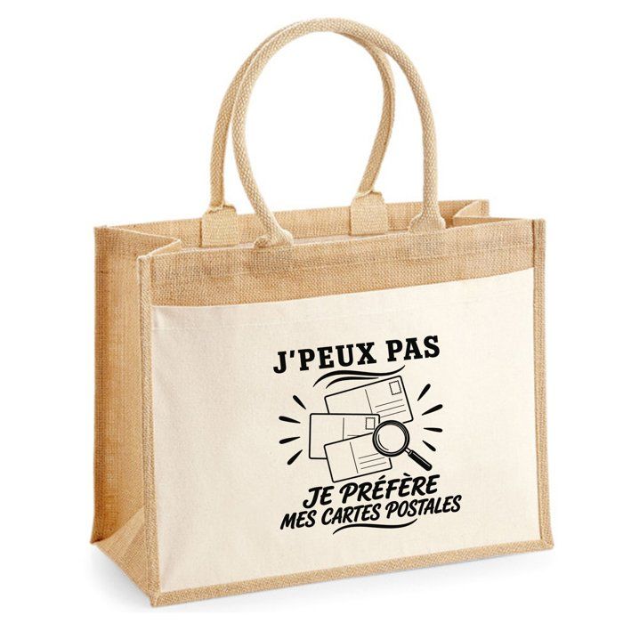 Sac Cabas Jute avec Poche J’peux pas je préfère mes Cartes postales J'peux pas minimaliste | Toile de Jute et Coton 21 L Fond Plat