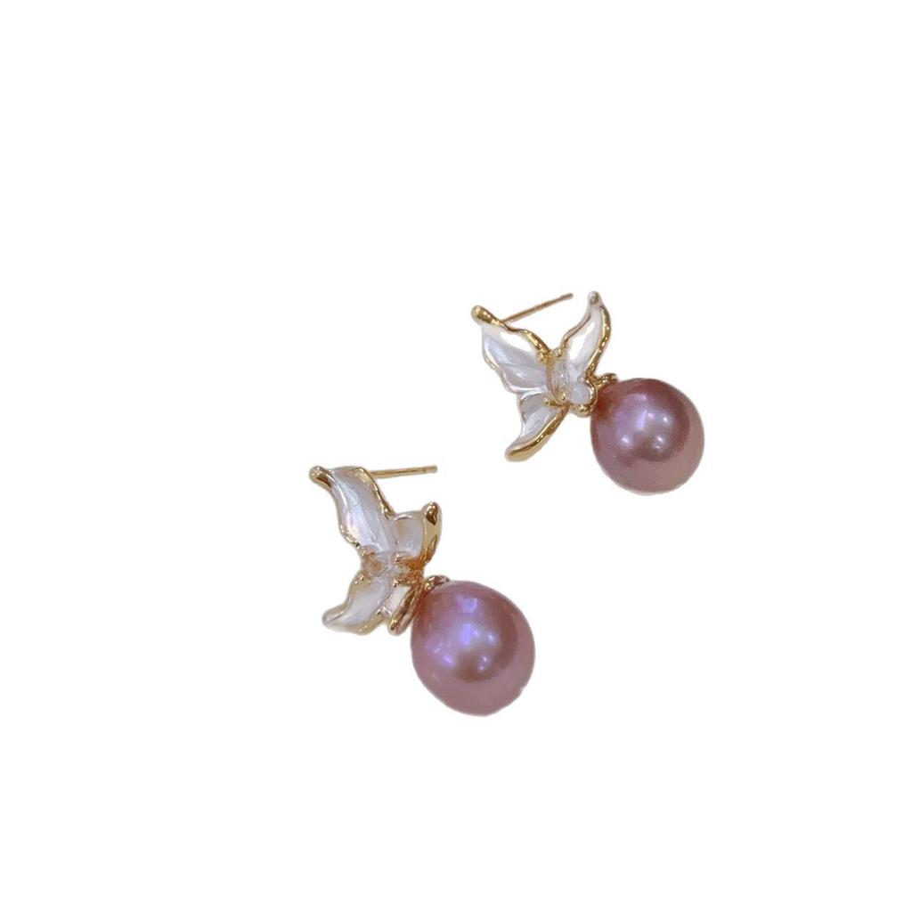 Dancing butterfly gentle French temperament sweet earrings female flower natural purple Edison pearl stud earrings