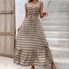 Women's Spring Summer  Lace Up Print Color High Waist Sleeveless Pleated Dress