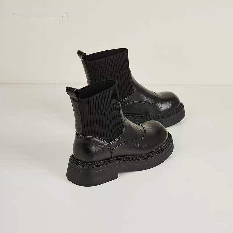 Elastic Thin Boots Women's Autumn and Winter Thick-soled Velvet Heightening Socks Boots Round Head 2025 Short Boots New Chelsea British Style