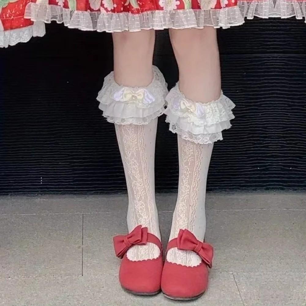 1 Pair Milk White Lace Knee Socks Multi Layer Lace Ladies Socks Sweet Long Cotton Socks Lolita