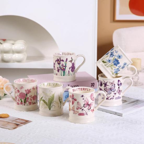 380ML Ceramic Coffee Mug Retro Vintage Floral Drinking Mugs Hand-Painted Floral Butterfly Pattern Tea Cup with Handle Gift for Women Girls