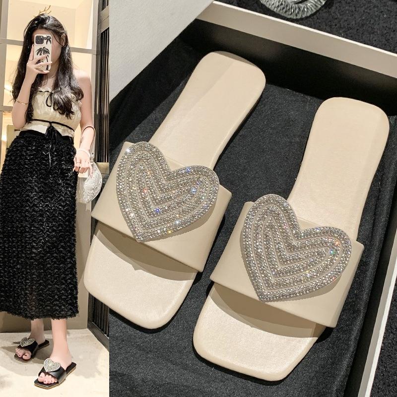 Fashion Sweet Rhinestone Heart Slides Women, Beige Casual Daily Sandals, CSDXY Brand Fashion Footwear