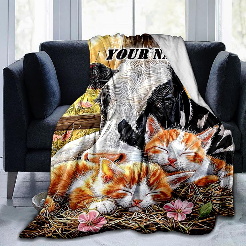1PC Custom Name Cow Kittens Pasture Flannel Blanket Versatile,all-season Throw Suitable for the Living Room,bedroom,camping,travel,and Gift