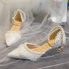 White Wedding Shoes for Women 2025 Summer Luxury Silk Pearl Ankle Straps High Heels Pumps Woman Pointed Toe Heeled Dress Shoes