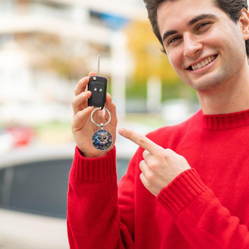 1PC Owl Pattern Circular Glass Keychain Pendant Accessory Metal Keyring Pendant Small Gift Portable Decorative Key Purse Charm