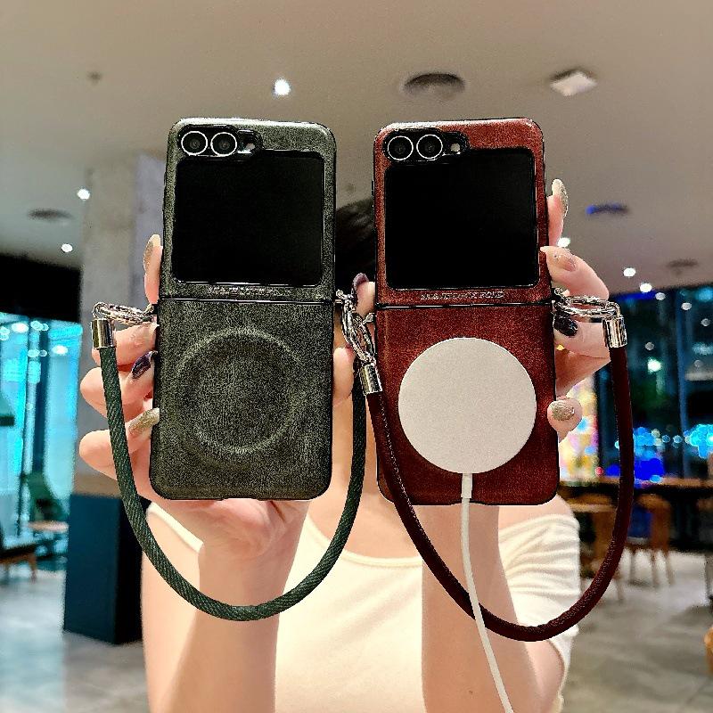 Business Crazy Horse Pattern Magnetic Case for Samsung Z Flip7: Foldable, Anti-Drop, Anti-Lost Lanyard, Compatible with 6/5 Gen.