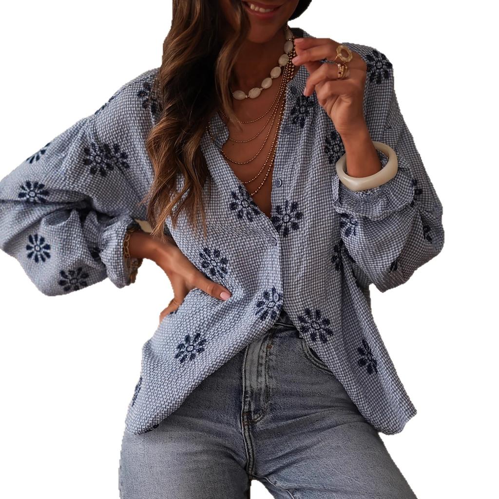 Women's Blue White Checked Long Sleeve Shirt Casual Loose Fit Blouse