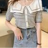 Frauen Sommer Sweety Navy Kragen Strickpullover T-Shirt Tops Kurzarm Knopf Volltonfarbe Gestreift Lose Weiß
