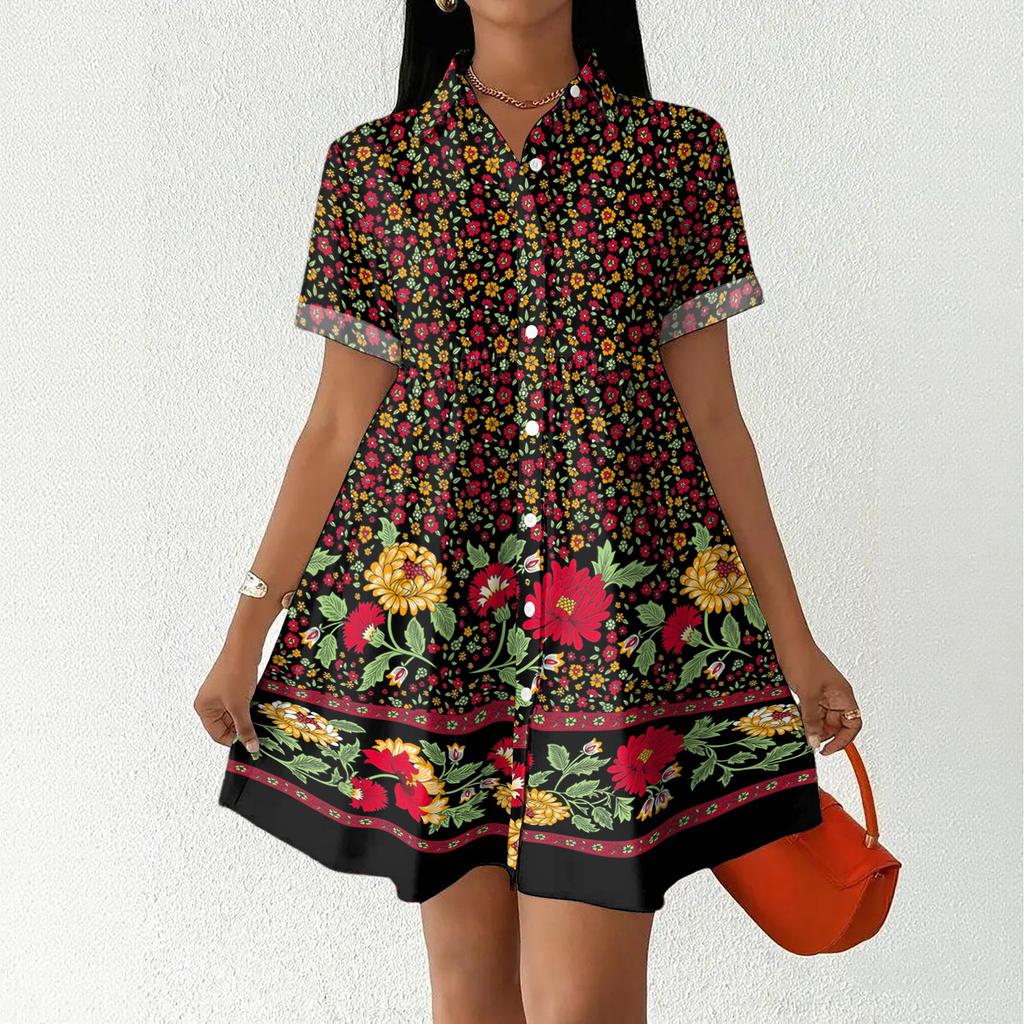 Women's Casual Loose Fit Shirt Dress Button Down Collar Short Sleeve Floral Print Summer Dress