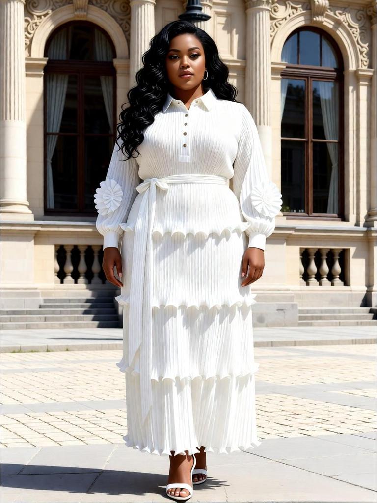 Miyake Elegant Plus Size Ruffle Pleated Dress for Women