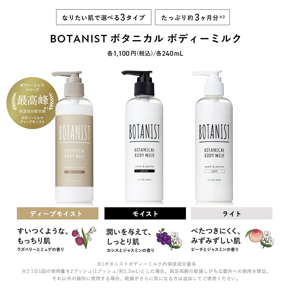 BOTANIST Botanical Body Milk Body Amino Light, 240mL, Plant-Derived Care, Smooth, Moisturizing, Silicone-Free, Acid-Infused