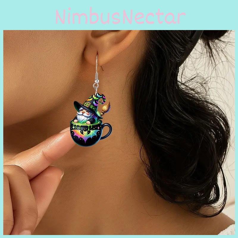 Halloween Themed Tea Cup Wizard Pattern Women Acrylic Earrings For Holiday Accessories