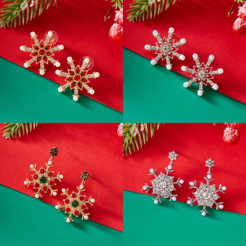 Shiny Snowflake Stud Earrings  Zircon Pearl Dangle Piercing Drop Earrings Long Tassel Earring Christmas Gifts