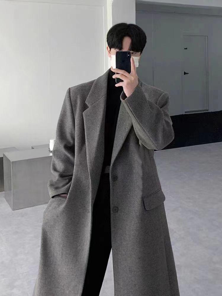 Men's Black Mid-Length Woolen Trench Coat – Autumn/Winter Loose Fit, Thickened Korean Style.