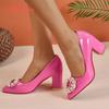 Fashion Aphixta New 7cm Square Heel Baby Pink Pearl Crystals Buckle Patent Leather Women Pumps Officile Pointed Toe Shoes Big Size 35-53