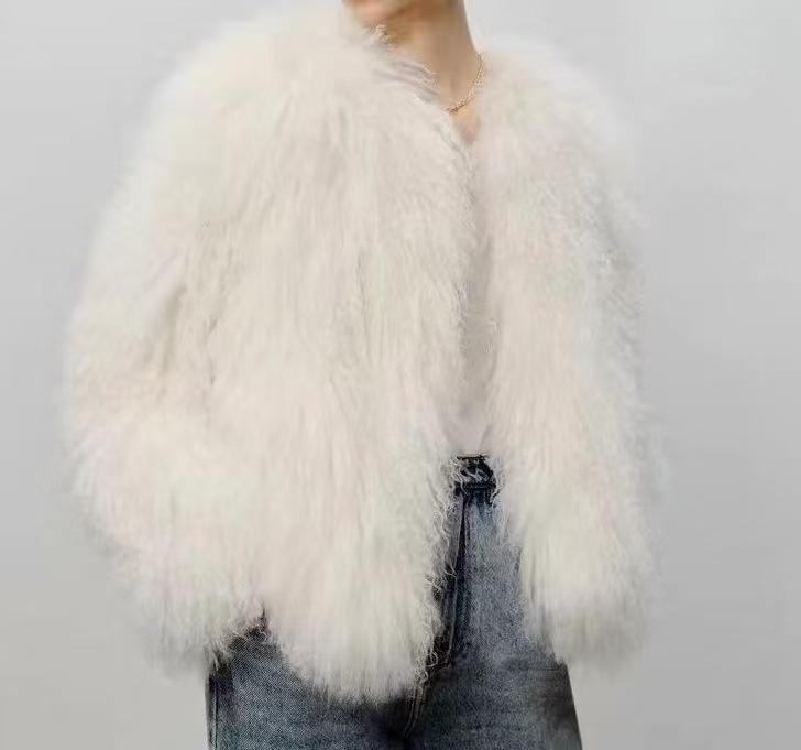 

Пальто из овечьей шерсти цвета загара, топ из искусственного меха, женская короткая модель с круглым вырезом, зимняя одежда большого размера, утолщенная искусственная шерсть S белый