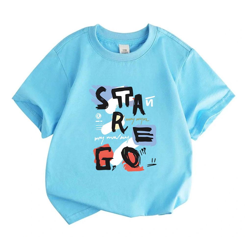 Kids Boys Girls 100% Cotton Crew Neck Short Sleeve T-Shirt, Stylish Stare Go Graffiti Print Casual Soft Breathable Tee for Daily Wear Summer Active To