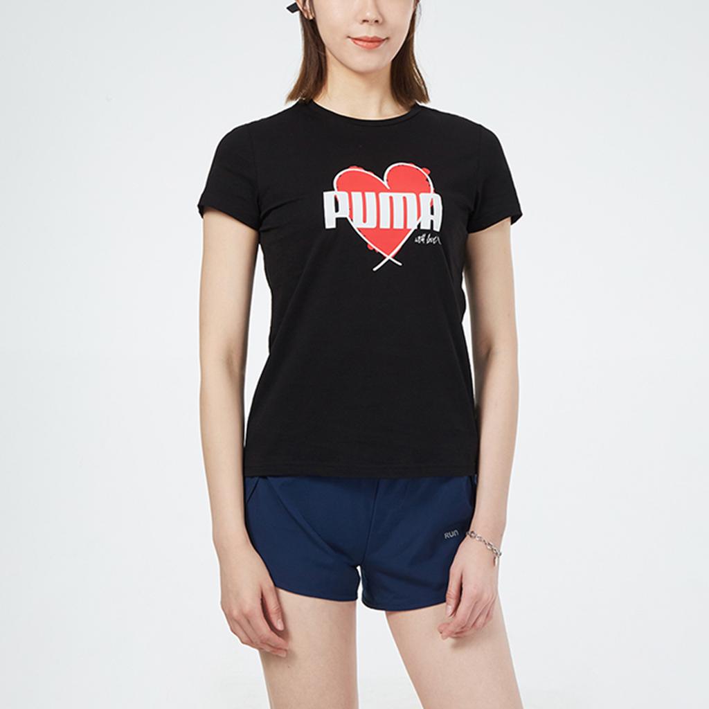 Puma Heart Print Logo Vintage American Style Crew Neck Short Sleeve T-Shirt Women Tops Black 845596-01