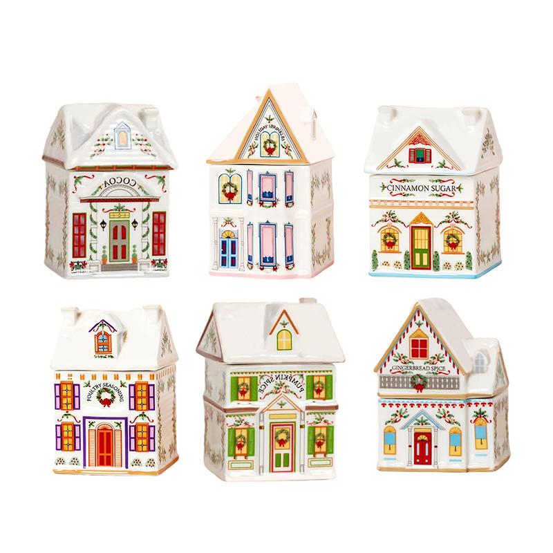 Christmas Holiday Village Spice House Set-Mini Gingerbread Houses Jars Festive Decor Kitchen Countertop Christmas Candle