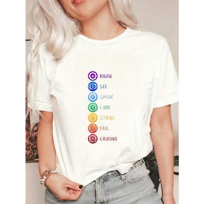 T-shirt Noir Oversize Avec Symboles Chakras Et Mots Know See Speak Love Strive Feel Ground Pour Yoga Méditation Et Vêtements Spirituels