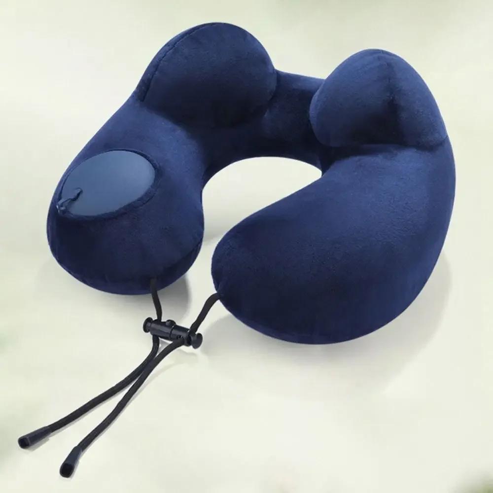 Press On Inflatable Pillow Skin Friendly Crystal Velvet Washable U-shaped Dual Hump Design Travel/Office/Nap Cervical Support