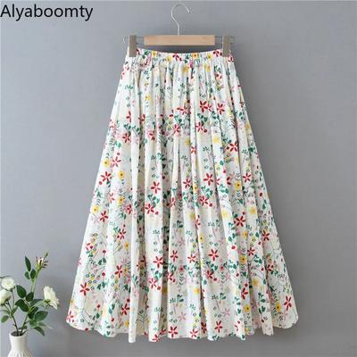 Japanischer Mori-Mädchen-Sommer-Herbst-Frauen-Midirock mit hoher Taille und Blumendruck aus Baumwolle, farbenfroher, eleganter Damen-Reise-/Urlaubsrock