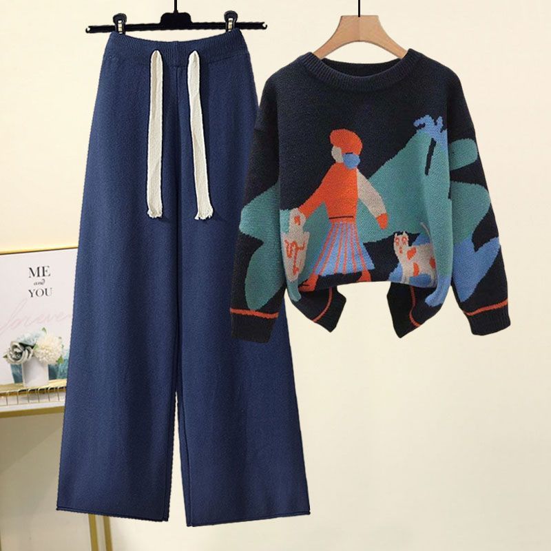 

Женский вязаный комплект из 2 предметов: повседневный теплый свитер-пуловер + вязаные брюки, костюм-двойка, спортивный теплый комплект XL