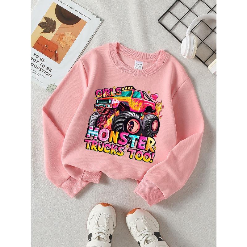 European sizes Kids' Casual Sweatshirt Printed Round Neck Pullover, Kids Like Monster Trucks Too, Casual Comfortable
