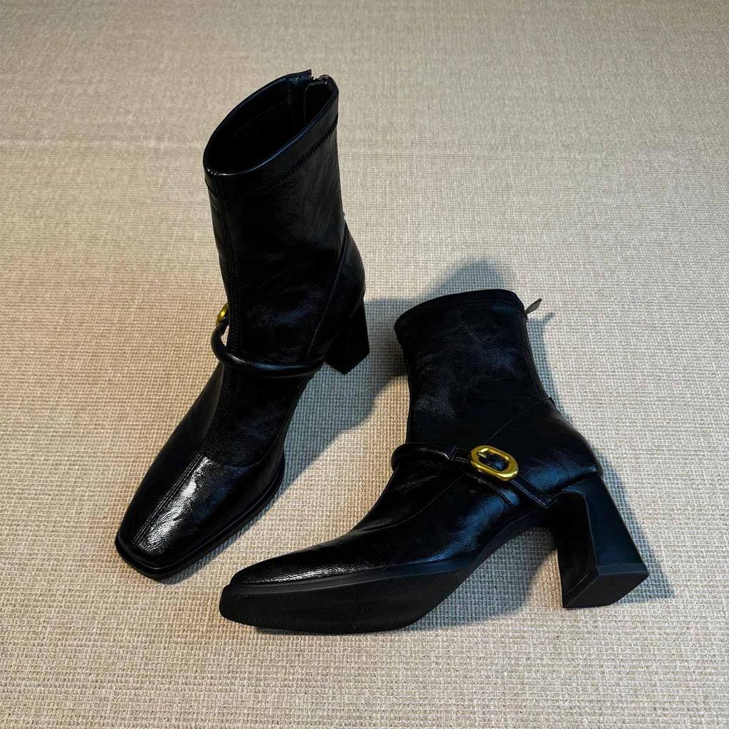 Cowhide version~ Square head high heel thin boots women's French thick heel retro rear zipper soft leather short boots elastic fashion boots