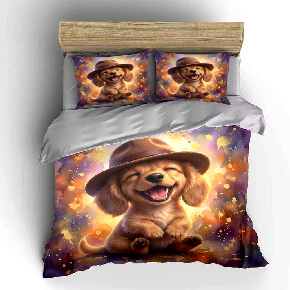 Cute Happy Dog In Hat Design Bedding Duvet Cover Set (1*Duvet Cover 2*Pillowcases, Without Duvet Insert)