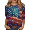 T-shirt Top Décontracté Tendance pour Femme Imprimé Drapeau Américain et Étoiles Fête de l'Indépendance Manches Trois-Quarts Col Rond