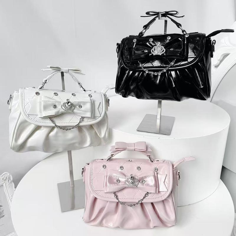 Elegant Pink Bow Rhinestone Underarm Bag Sweet Lolita Pleated Shoulder Bag Portable Bow Handle Handbag Cute Ita Purse