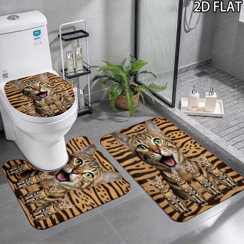 Cute Cat 3D Pattern 3Pcs Bathroom Rug Set, Non Slip Absorbent Bath Mat, Contour Mat & Toilet Lid Cover, Bathroom Decor