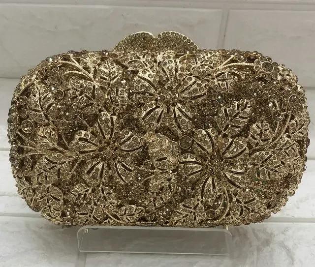 

Boutique De FGG Elegant Women Flower Clutch Silver Evening Purses and Handbags Wedding Rhinestone Handbags Bridal Party Bags Mini