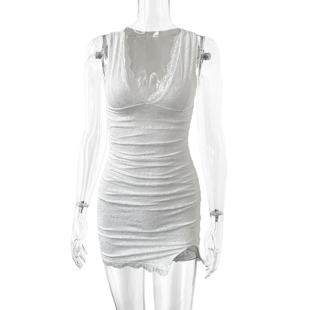 Robe Mini d'Été 2024 à Col V avec Dentelle et Fente Latérale