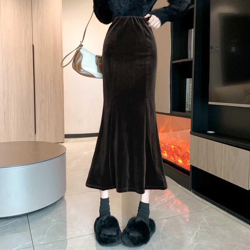 830 Composite Super Soft Black Gold Velvet High-Waist Fishtail Skirt - Women's Retro Slimming Mid-Length Hip-Hugging Skirt