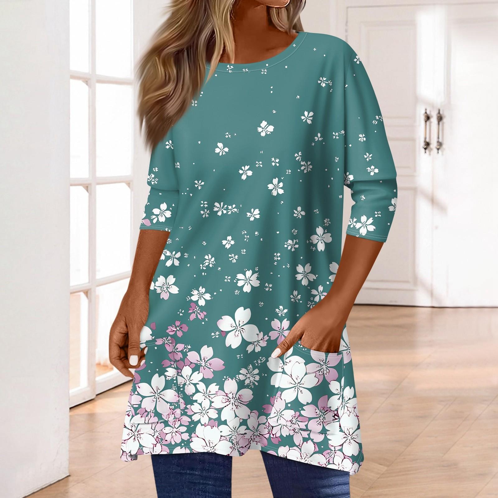 

3/4 рукава кармана топы для женщин футболка повседневный принт средней длины топы футболка круглый вырез пуловер блузка XL