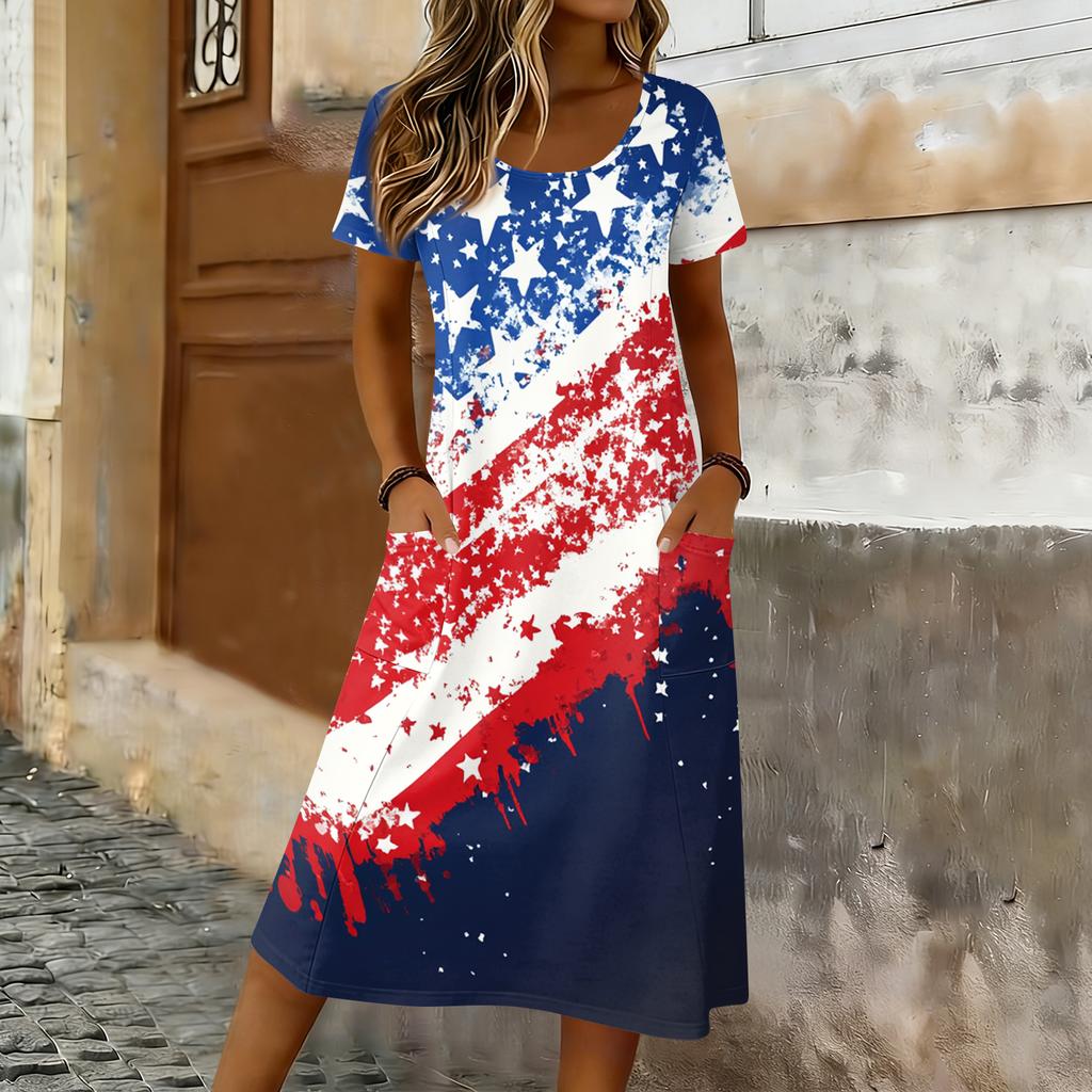 Damen Sommer Maxikleid mit kurzen Ärmeln, lockerem Schnitt, Stern- und Streifenprint, lässig, Rundhalsausschnitt, mit Taschen