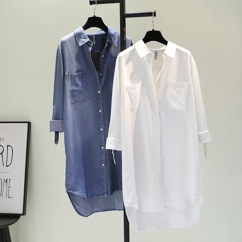 Spring Women's Clothing Shirt Medium Long Containing Cotton Shirt Loose Fit Long Sleeve Double Pocket Rolled Sleeve Thin Blouse