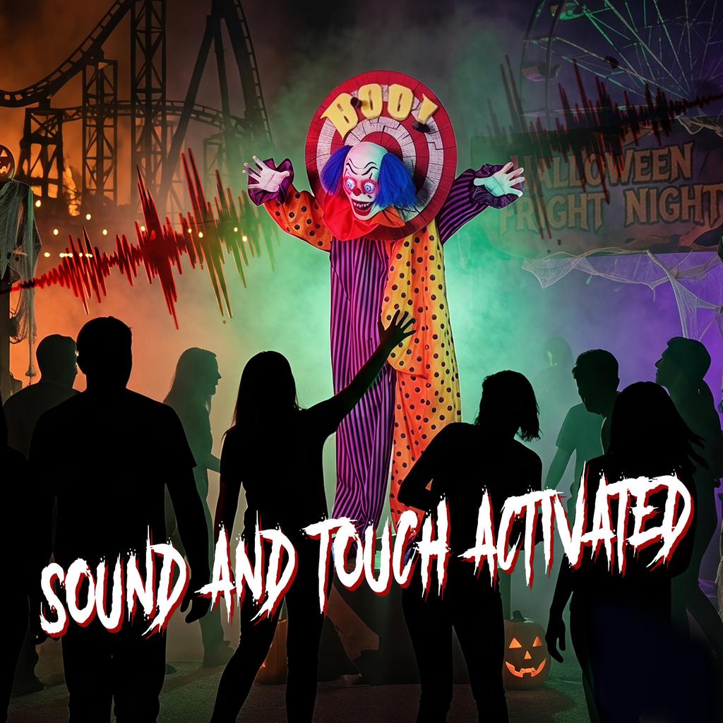 167 cm Life Size Animated Clown Halloween Decoration, Scary Halloween Animatronics Decor with Sound Touch Activated