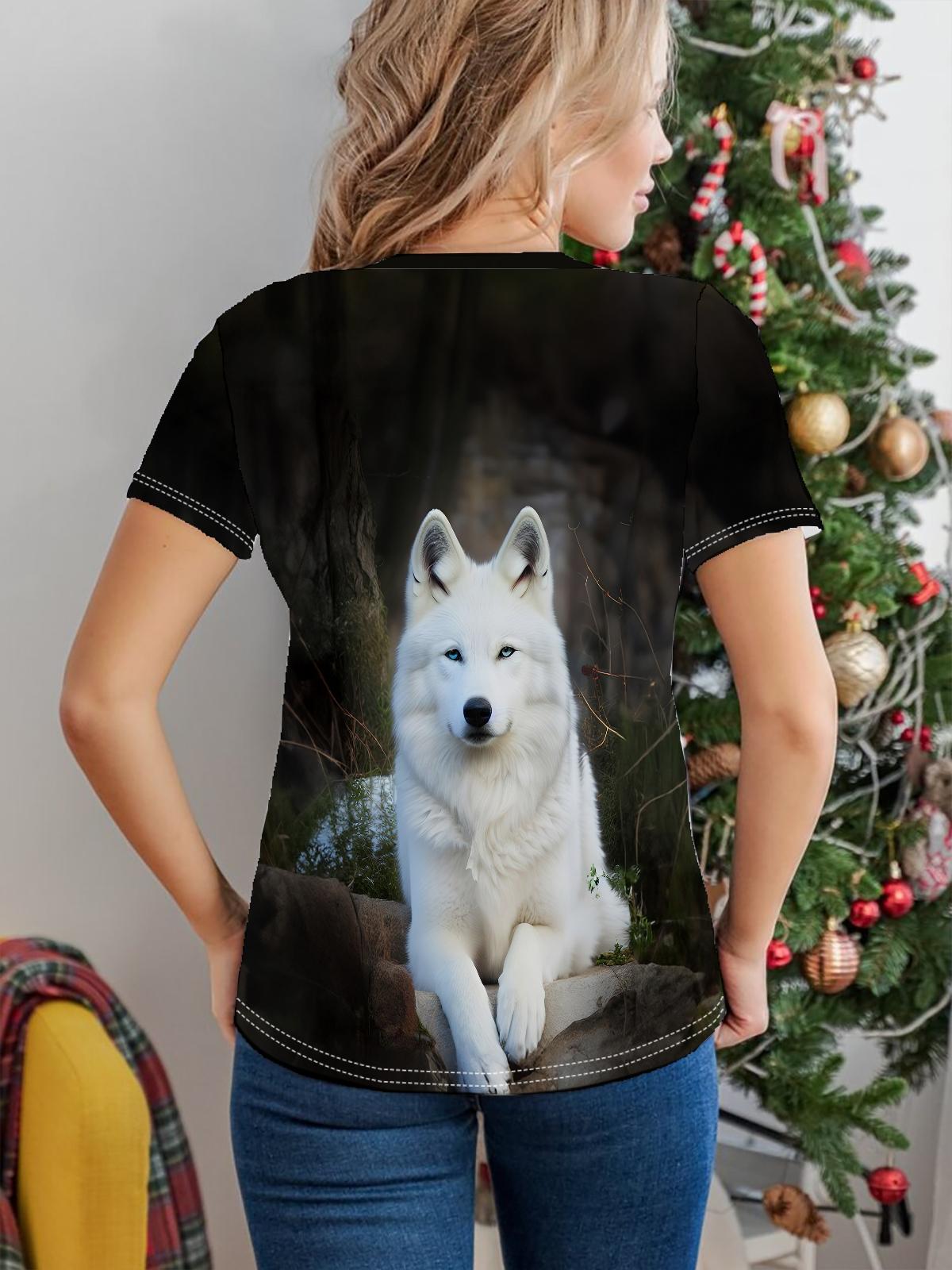 

Футболка с принтом «Белый волк», повседневный топ с круглым вырезом и короткими рукавами для весны и лета, женская одежда M