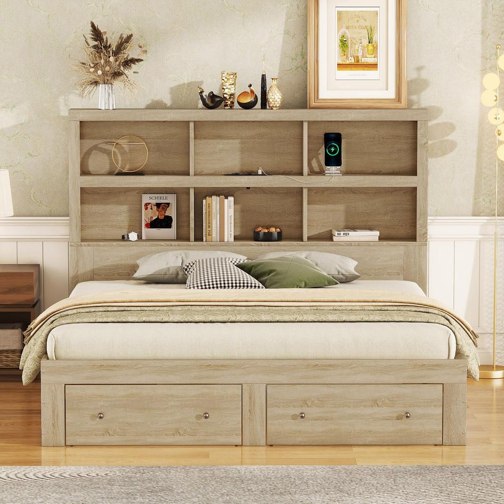 Doppelbett Holzbett 160x200cm, Stauraumbett mit 2 Schubladen und Ablagefach, Funktionsbett mit Lattenrost, Ohne Matratze