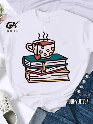Coffee Books Brown Books American Retro Cotton T Shirt Woman Round Neck Half Sleeve T-shirts Printed Tops Woman Oversized Tees